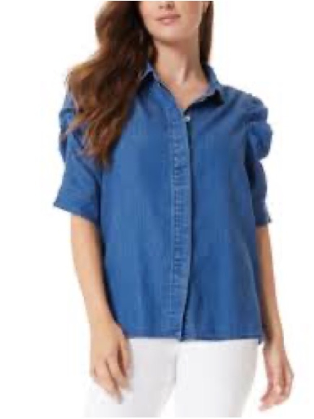 Sam Edelman Women's Ruched Puff-Sleeve Denim Top Size XL